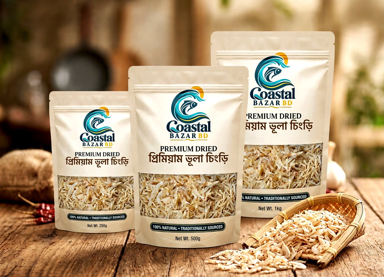 Coastal Bazar BD প্রিমিয়াম ভূলা চিংড়ি শুঁটকির তিনটি প্যাক — ২৫০ গ্রাম, ৫০০ গ্রাম ও ১ কেজি